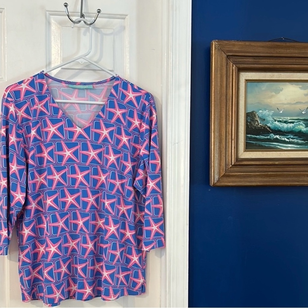 Women’s Anthony’s Resortwear Pink & Blue Starfish Nylon Blend 3/4 Sleeve Top